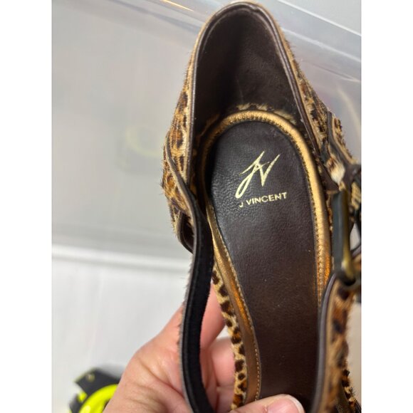 J Vincent Leopard Heeled Sandals Size 10.5 Leather Buckle Strap Peep Toe Party - Picture 5 of 12